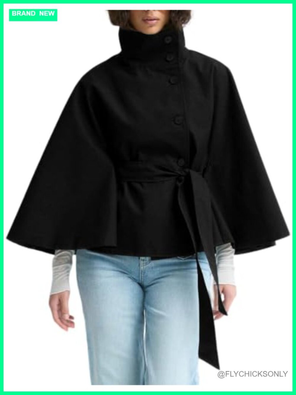 Womens Cropped Trench Coat Batwing Sleeve Belted Poncho Jacket